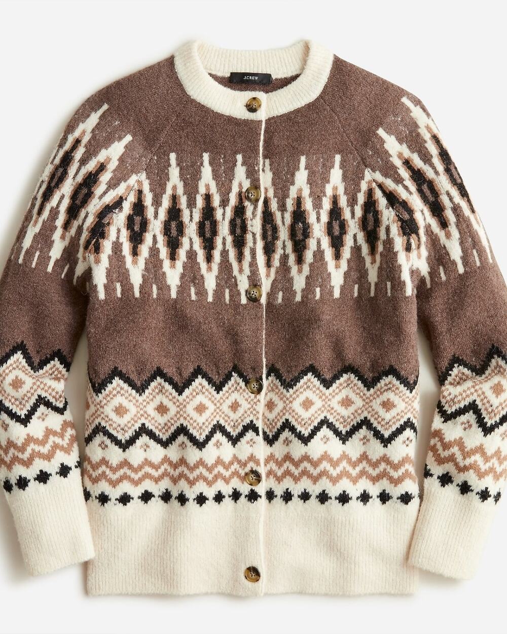 J.CREW Fair Isle Diamond Nordic Cardigan — Heather Fawn (M)